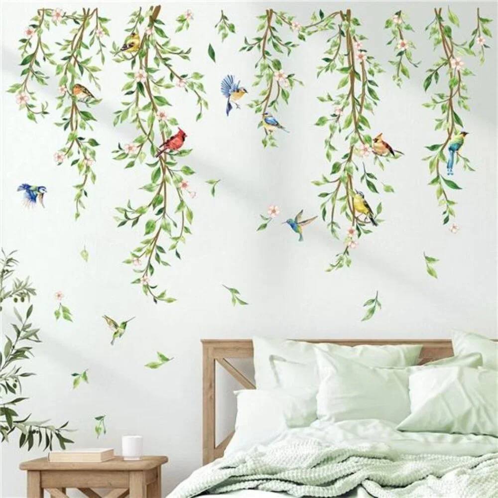 Hanging Vine Wall Decals Green Leaf Wall Stickers Birds Bedroom Living Room Deco